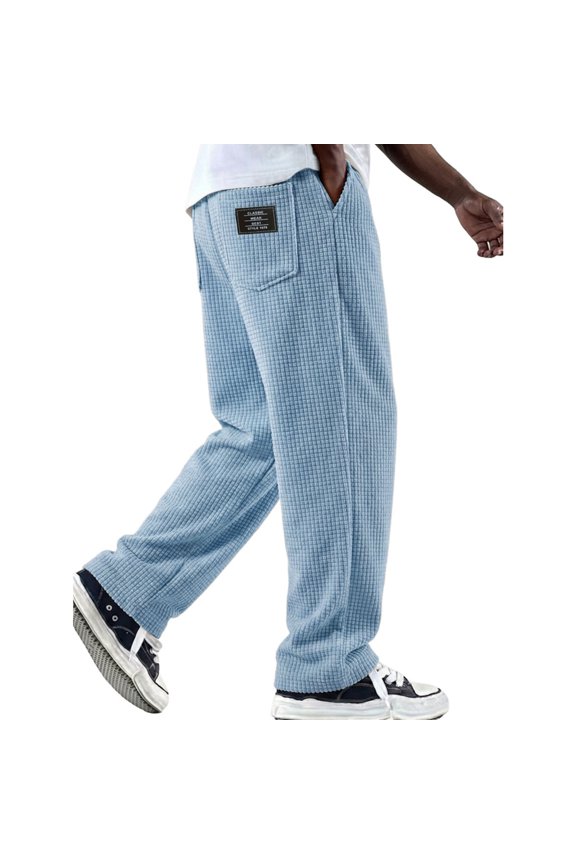 Men's American Retro Waffle Pants Loose Straight Fit Casual Sports Trousers Comfortable Everyday Wear with Elastic Waist,Light Blue,M
