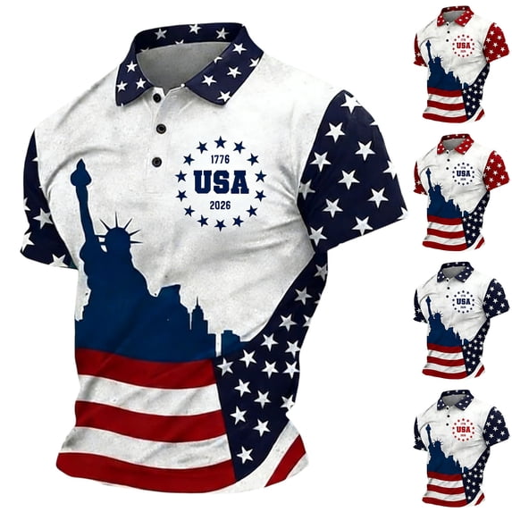 Men's American USA Flag Patriotic Crewneck T Shirt, 1776-2026 American Flag Print Short Sleeve Collared Golf Shirts, Casual Mens Graphic Tees Royal Blue S
