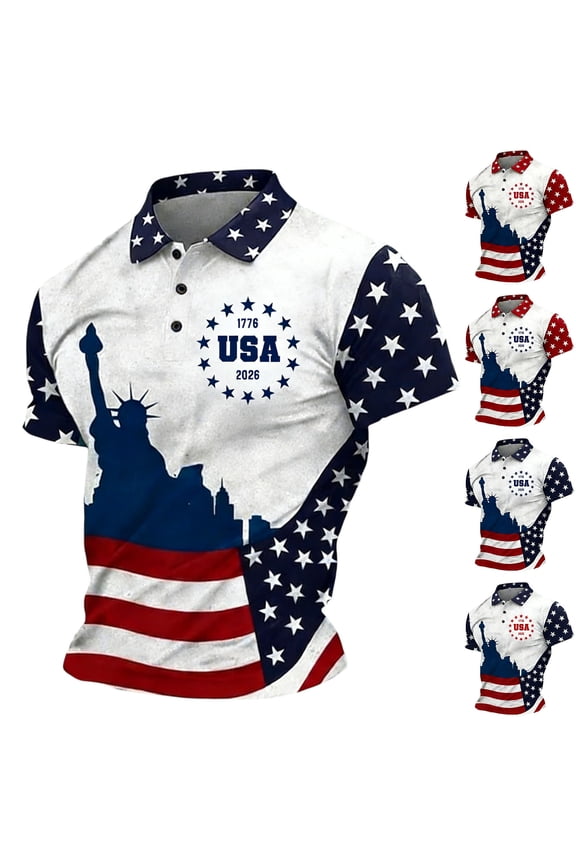 Men's American USA Flag Patriotic Crewneck T Shirt, 1776-2026 American Flag Print Short Sleeve Collared Golf Shirts, Casual Mens Graphic Tees Wine XXXXXL