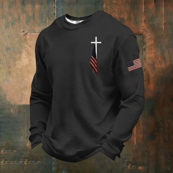 Men's American Waffle Knit Sweatshirt USA Patriotic Crewneck Pullover 250th Anniversary 1776, 2026 Casual Sweatshirt Tops