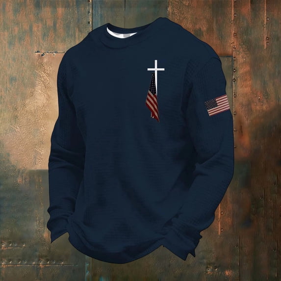 Men's American Waffle Knit Sweatshirt USA Patriotic Crewneck Pullover 250th Anniversary 1776, 2026 Casual Sweatshirt Tops