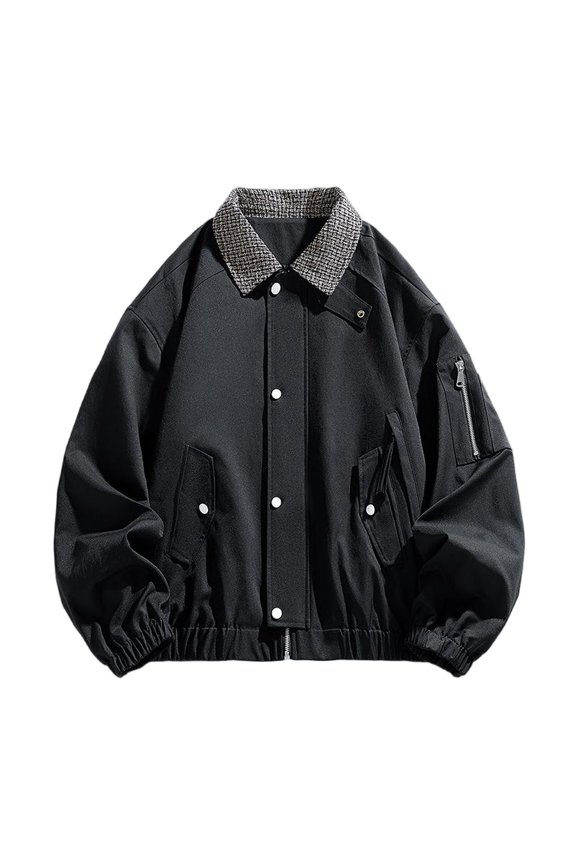 Men's American Workwear Lapel Jacket, Retro Loose Casual Handsome Unisex Baseball Style, Black, Size L