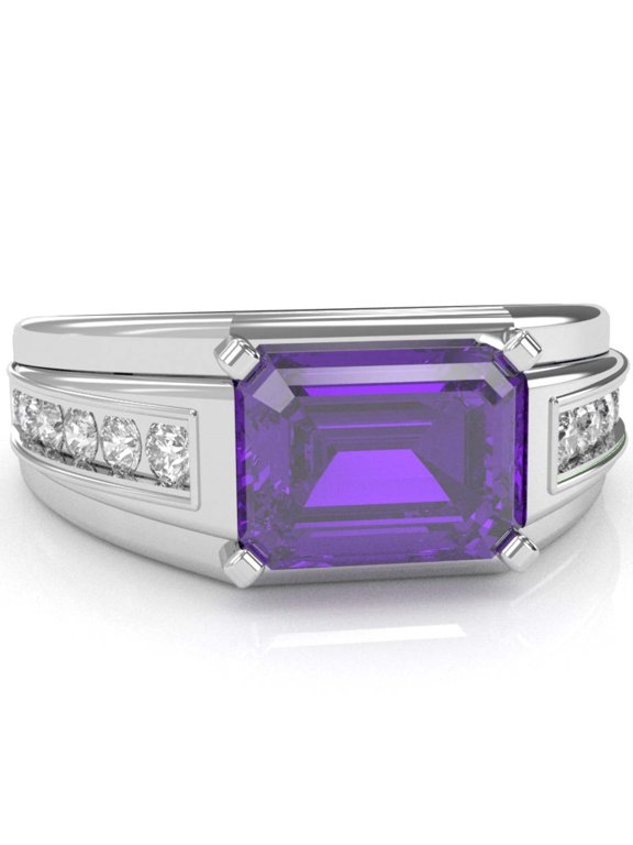 Men's Amethyst Diamond Channel Ring In Solid 14k White Gold