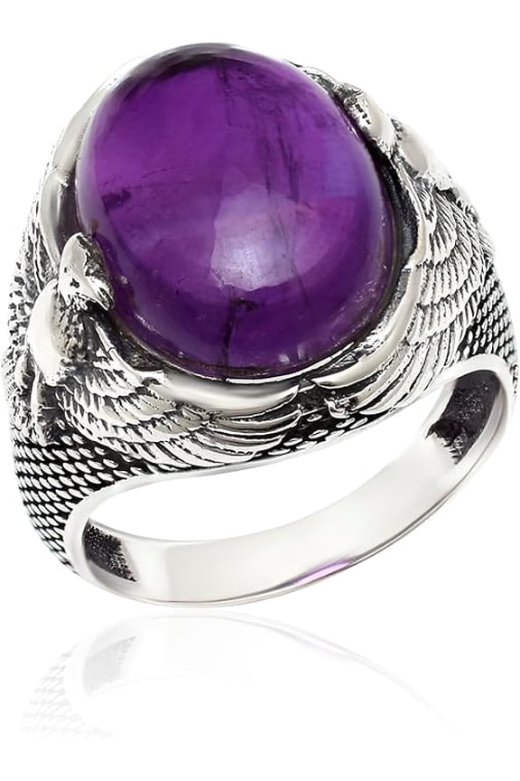 Men’s Amethyst Eagle Ring in 925 Sterling Silver, Handmade Genuine Gemstone Pinky Ring, Bold Silver Jewelry Gift for Him Size 13