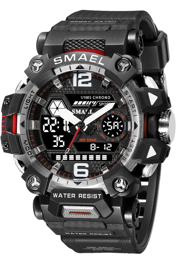 Men's Analog Digital Dual Display Watch Sports Outdoor Waterproof Military Tactics Wrist Watch Multi Function LED Large Face Alarm Stopwatch for Man