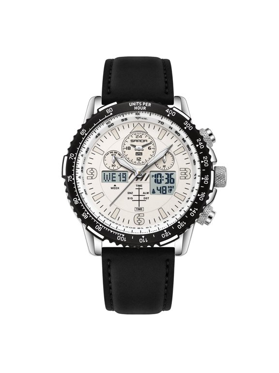 Men's Analog Digital Watch, Large Face Dual Time Sport Watch Alarm, 3 time zones, stopwatch, day/date, EL backlight and 5ATM water resistance for work, travel and outdoor wear.