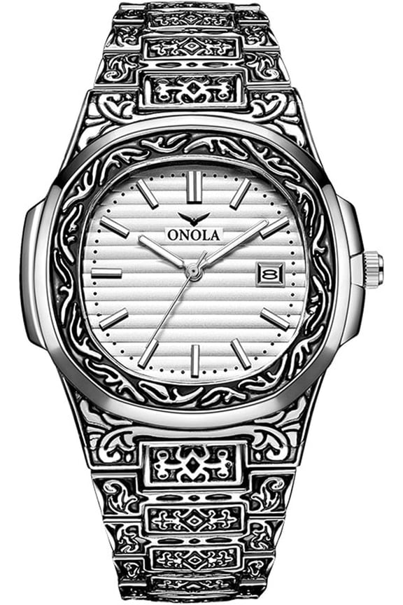 Men’s Analog Quartz Dress Watch with Vintage 3D Engraved Bezel & Strap, Stainless Steel Daily Wear Wristwatch with Luminous Date, Light Rain & Sweat Resistant