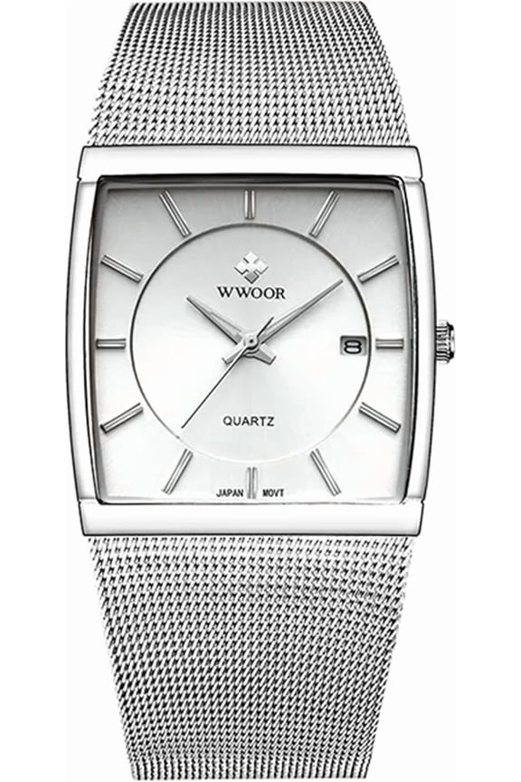 Men's Analog Quartz Wrist Watch, Ultra Thin Rectangular Luminous Dial Date Milanese Stainless Steel Mesh Band