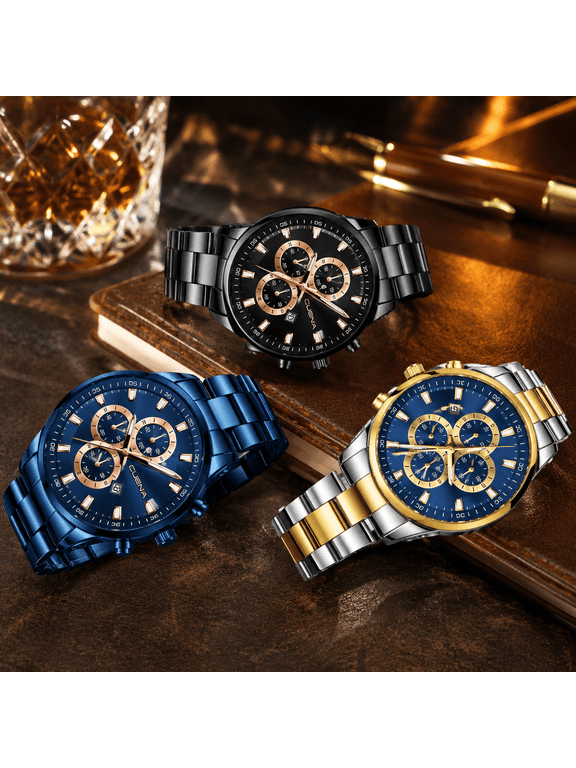 Mens Analog Watch Quartz Dress Watch With Round Dial Decorative Subdials Metal Bracelet And Date Window For Business Wristwear