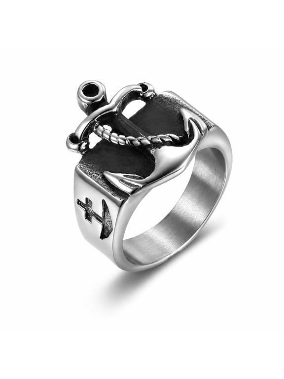Men's Anchor Signet Ring, Stainless Steel Nautical Biker Statement Ring