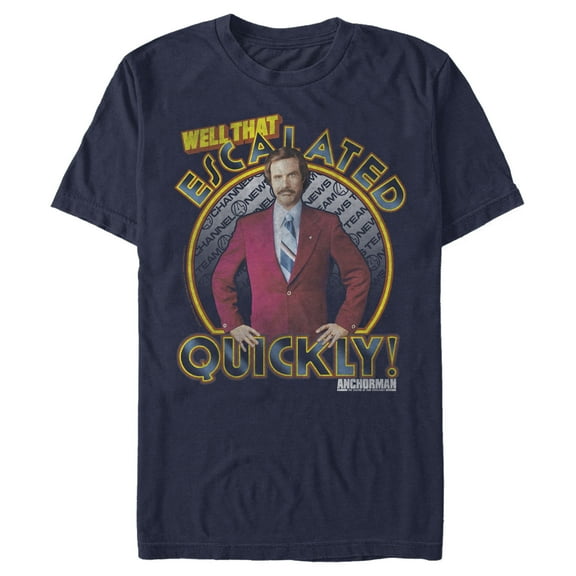 Men's Anchorman Ron Burgundy Escalated Quickly Graphic Tee Navy Blue Large