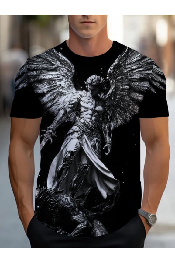 Men's Angel Warrior Print T-Shirt - Lightweight Summer Casual Crew Neck Design with Archangel and Demon Patterns, Durable Polyester for Outdoor Wear - Machine Washable