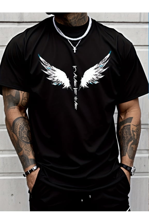 Men's Angel Wings Japanese Calligraphy Print T-Shirt - Casual & Versatile Short Sleeve Crewneck, Black with White & Blue Wing Design, Lightweight for Gym & Leisure