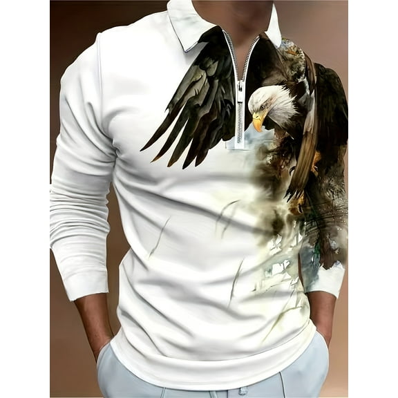 Men's Animal Printed 1/4 Zip Polo Shirts Long Sleeve Raglan T-Shirt Casual Tops Golf Shirt Regular Fit White eagle M