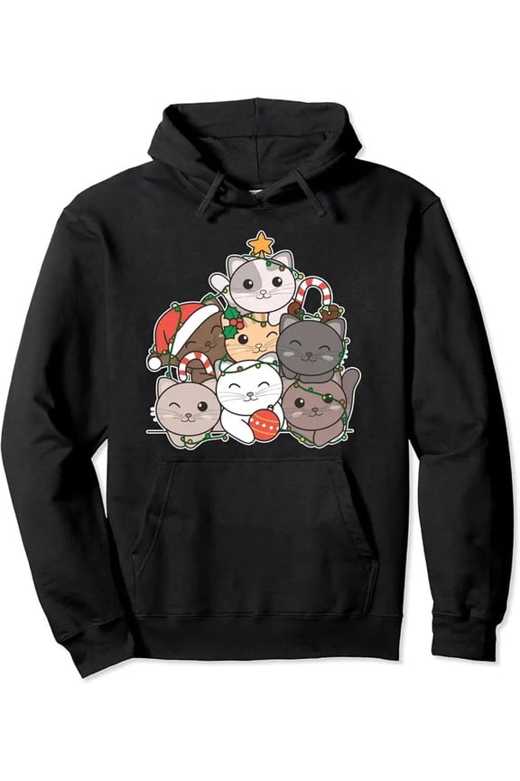 Men's Anime Cat Christmas Tree Hooded Sweatshirt - Japanese Manga Characters & Kawaii Cats Pullover Hoodie with Pocket, All-Season Casual Sweater for Winter, & Casual Attire (Black, Machine Washable)