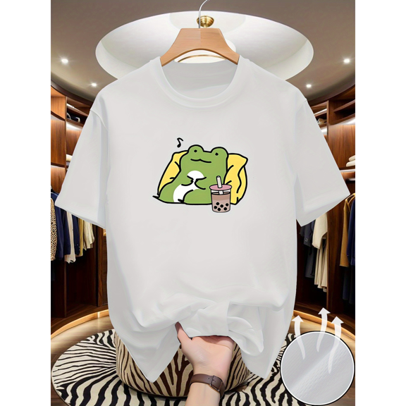 Men's Anime Frog and Boba Tea Pattern Men's T-Shirt - Soft Cotton, Short Sleeve,Size S-3XL