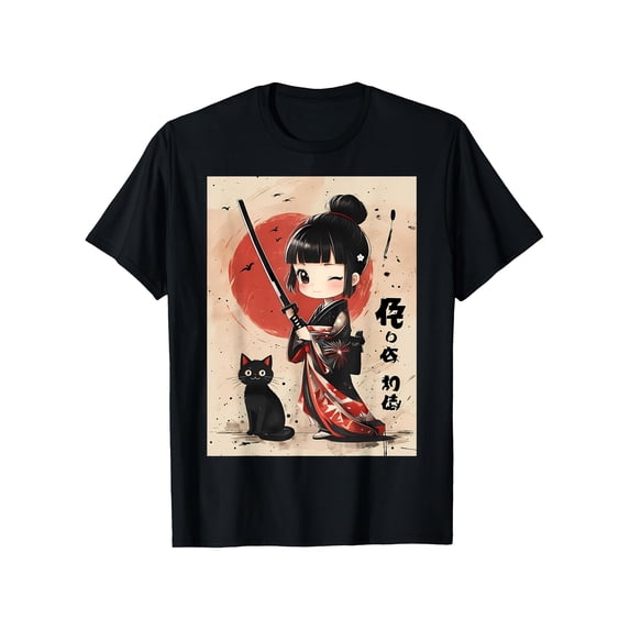 Men's Anime Samurai Girl & Katana Cat Graphic T Shirt Japanese Manga Tee