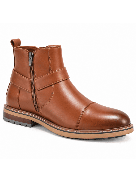 Men's Ankle Dress Boots with Side Zipper, Cap Toe and Strap Detail