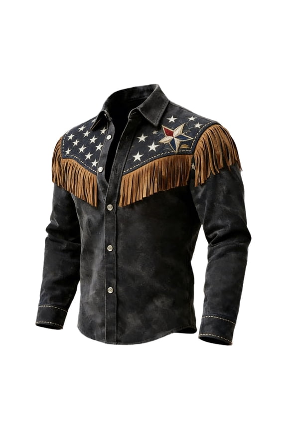 Men's Anniversary Western Leather Shirts Jacket,Fringes Long Sleeve Button Down Suede Shirts,Slim Fit Fringe Coat Top With Fringe Button Down Top For Cowboy/Black/S