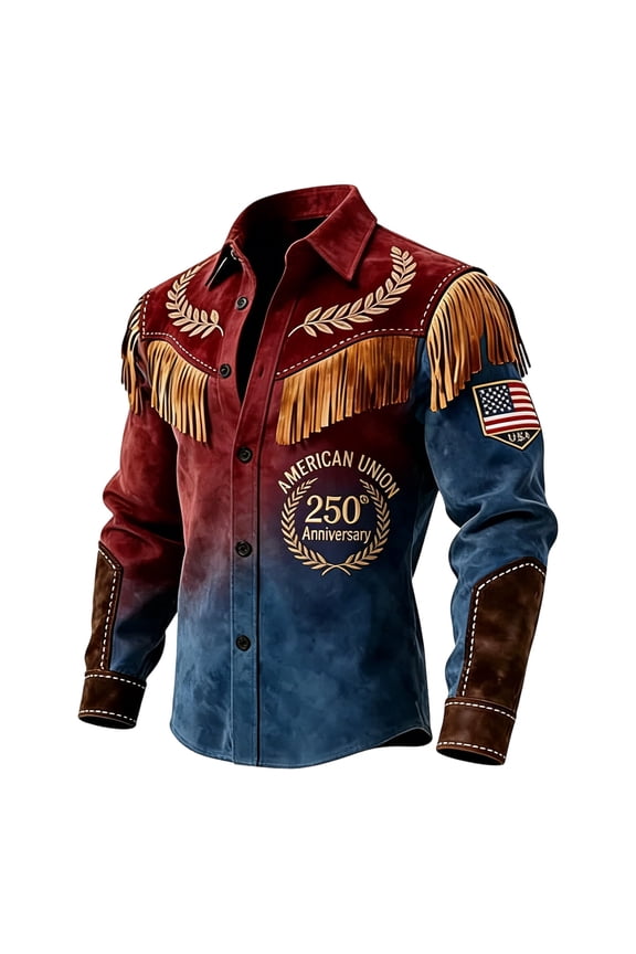 Men's Anniversary Western Leather Shirts Jacket,Fringes Long Sleeve Button Down Suede Shirts,Slim Fit Fringe Coat Top With Fringe Button Down Top For Cowboy/Navy/3XL