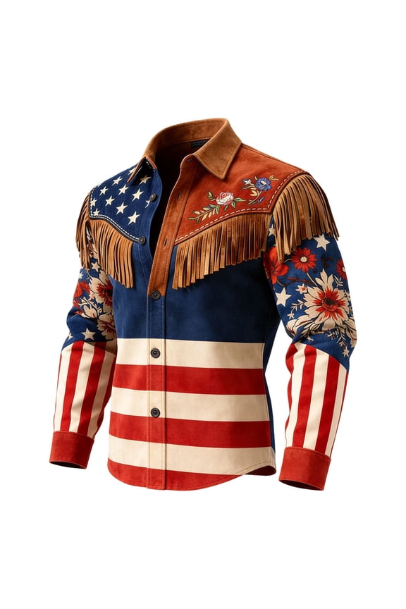 Men's Anniversary Western Leather Shirts Jacket,Fringes Long Sleeve Button Down Suede Shirts,Slim Fit Fringe Coat Top With Fringe Button Down Top For Cowboy/Red/L