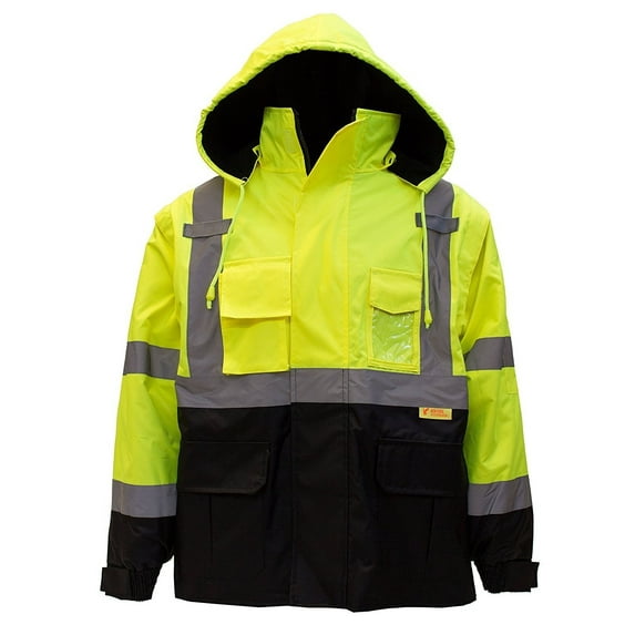 Men's Ansi Class 3 High Visibility Safety Bomber Jacket With Zipper, PVC Pocket, Black Bottom,Lime/J8512-2XL