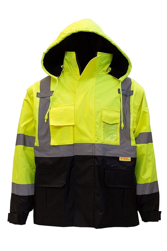 Men's Ansi Class 3 High Visibility Safety Bomber Jacket With Zipper, PVC Pocket, Black Bottom,Lime/J8512-M