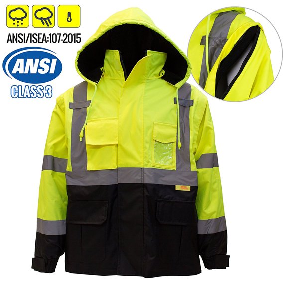 Men's Ansi Class 3 High Visibility Safety Bomber Jacket With Zipper, PVC Pocket, Black Bottom,Lime/J8512-XL