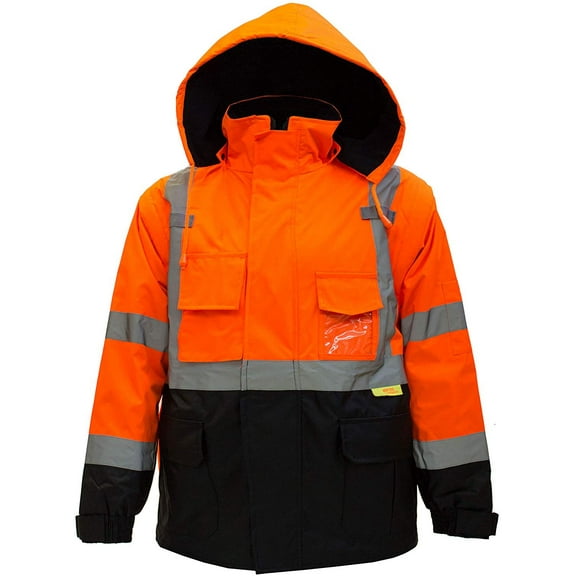 Men's Ansi Class 3 High Visibility Safety Bomber Jacket With Zipper, PVC Pocket, Black Bottom,Orange/J8511-XL