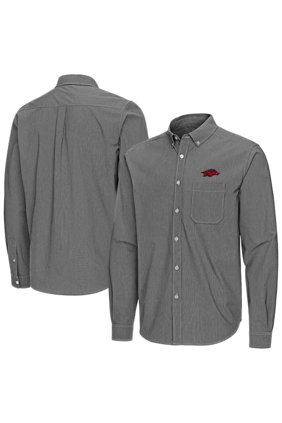 Men's Antigua Black Arkansas Razorbacks Porter Woven Tri-Blend Long Sleeve Button-Down Shirt