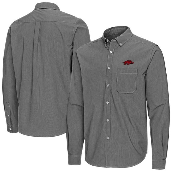 Men's Antigua Black Arkansas Razorbacks Porter Woven Tri-Blend Long Sleeve Button-Down Shirt