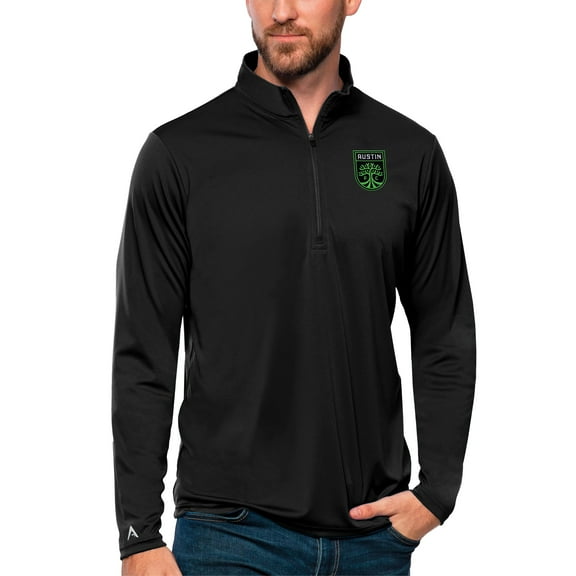Men's Antigua Black Austin FC Tribute Quarter-Zip Pullover Top