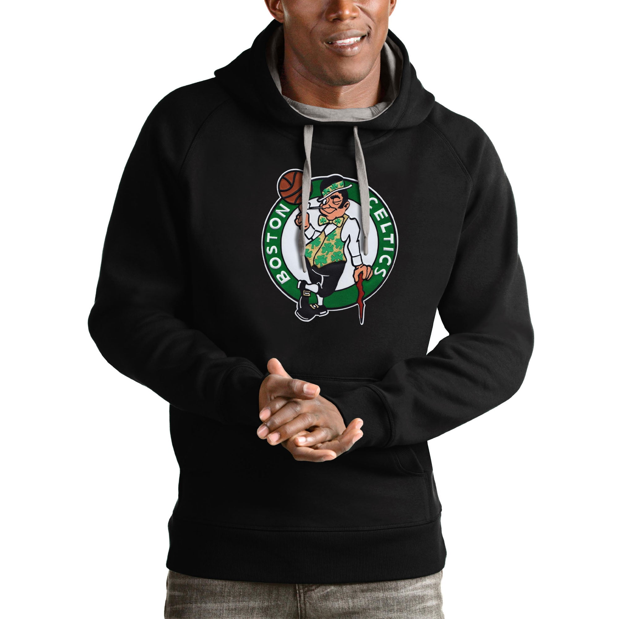Men's Antigua Black Boston Celtics Logo Victory Pullover Hoodie
