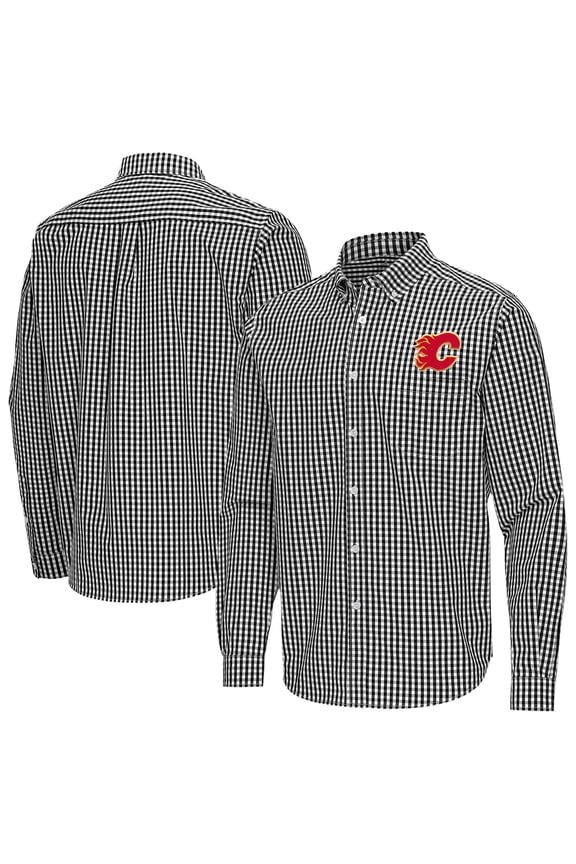 Men's Antigua Black Calgary Flames Ellis Tri-Blend Long Sleeve Button-Down Shirt