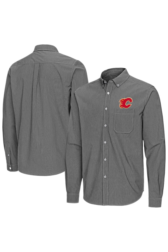 Men's Antigua Black Calgary Flames Porter Woven Tri-Blend Long Sleeve Button-Down Shirt