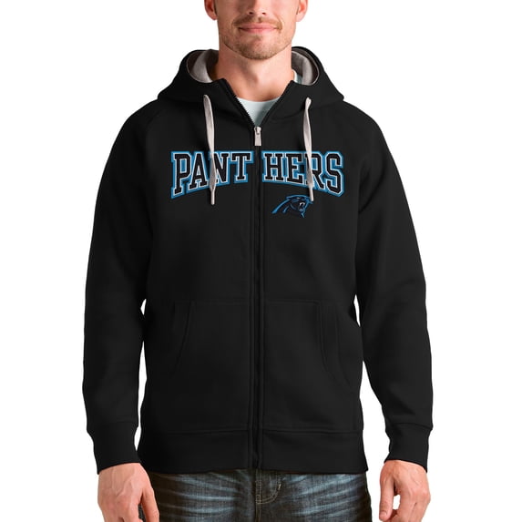 Men's Antigua Black Carolina Panthers Wordmark Victory Full-Zip Hoodie