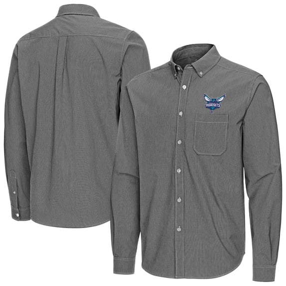 Men's Antigua Black Charlotte Hornets Porter Woven Long Sleeve Button-Down Shirt