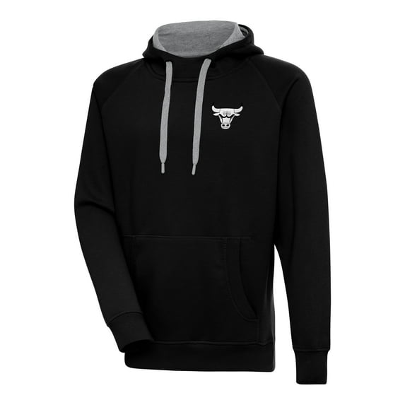Men's Antigua Black Chicago Bulls Metallic Logo Victory Raglan Pullover Hoodie