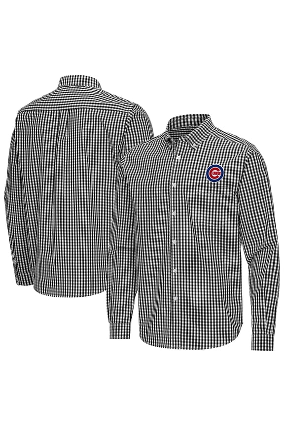 Men's Antigua Black Chicago Cubs Ellis Woven Tri-Blend Button-Down Shirt
