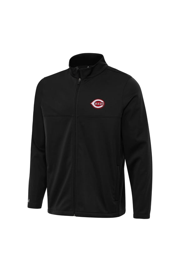 Men's Antigua Black Cincinnati Reds Links 2 Full-Zip Golf Jacket