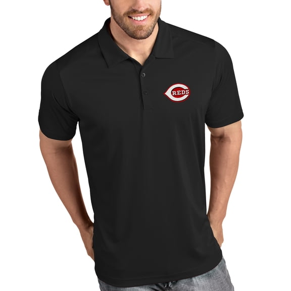Men's Antigua Black Cincinnati Reds Tribute Polo