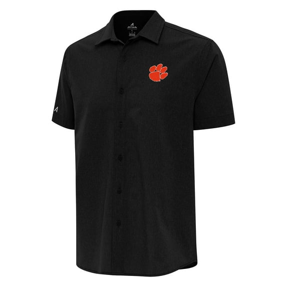 Men's Antigua Black Clemson Tigers Activate Woven Short Sleeve Button-Down Shirt