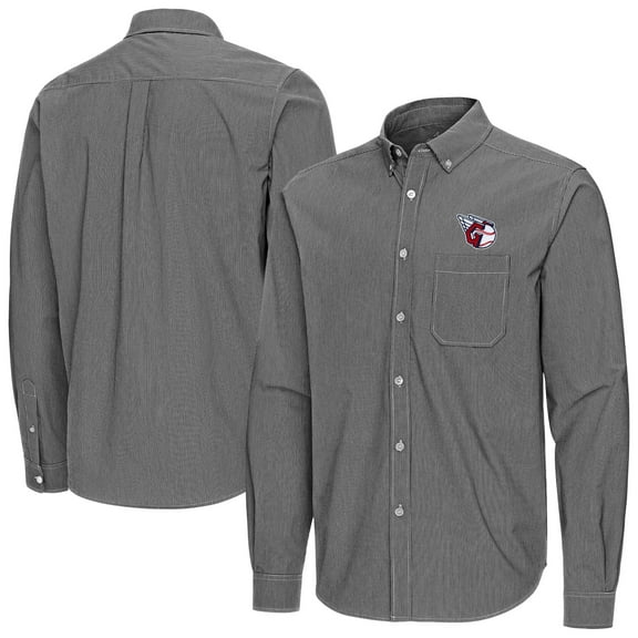 Men's Antigua Black Cleveland Guardians Porter Woven Long Sleeve Button-Down Shirt