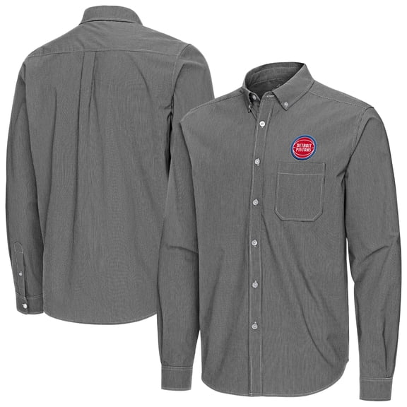 Men's Antigua Black Detroit Pistons Porter Woven Long Sleeve Button-Down Shirt
