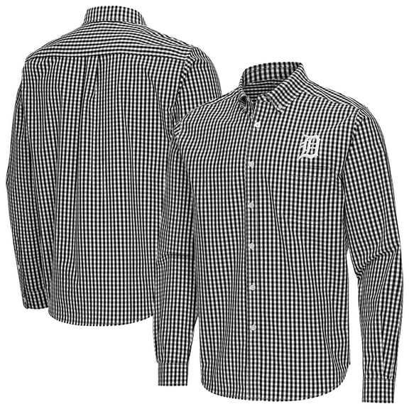 Men's Antigua Black Detroit Tigers Ellis Woven Tri-Blend Button-Down Shirt