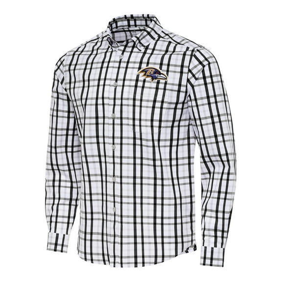 Men's Antigua Black/Gray Baltimore Ravens Tending Woven Tri-Blend Long Sleeve Button-Down Shirt