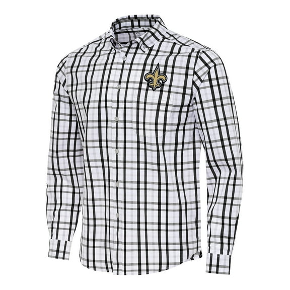 Men's Antigua Black/Gray New Orleans Saints Tending Woven Tri-Blend Long Sleeve Button-Down Shirt