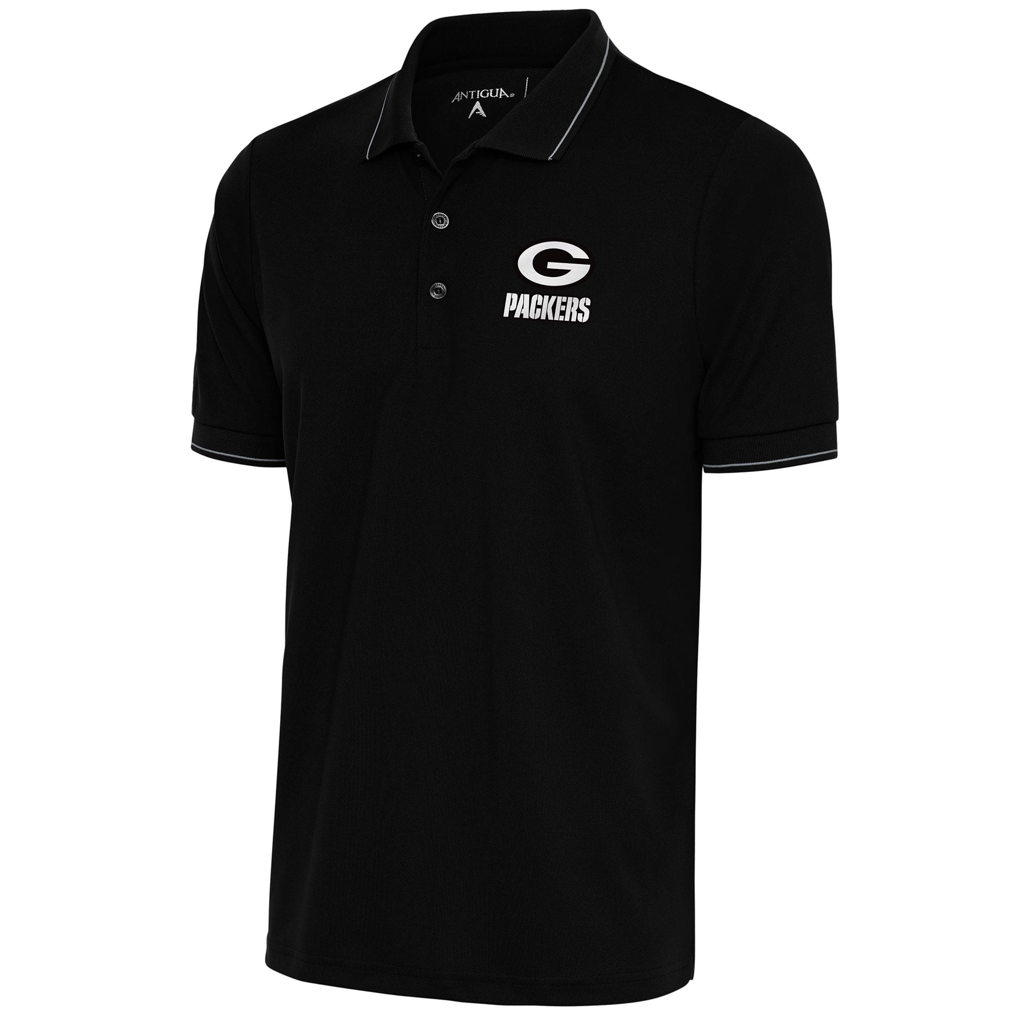 Men's Antigua Black Green Bay Packers Metallic Logo Affluent Polo