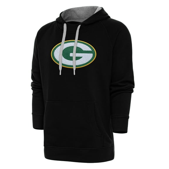 Men's Antigua Black Green Bay Packers Victory Chenille Pullover Hoodie