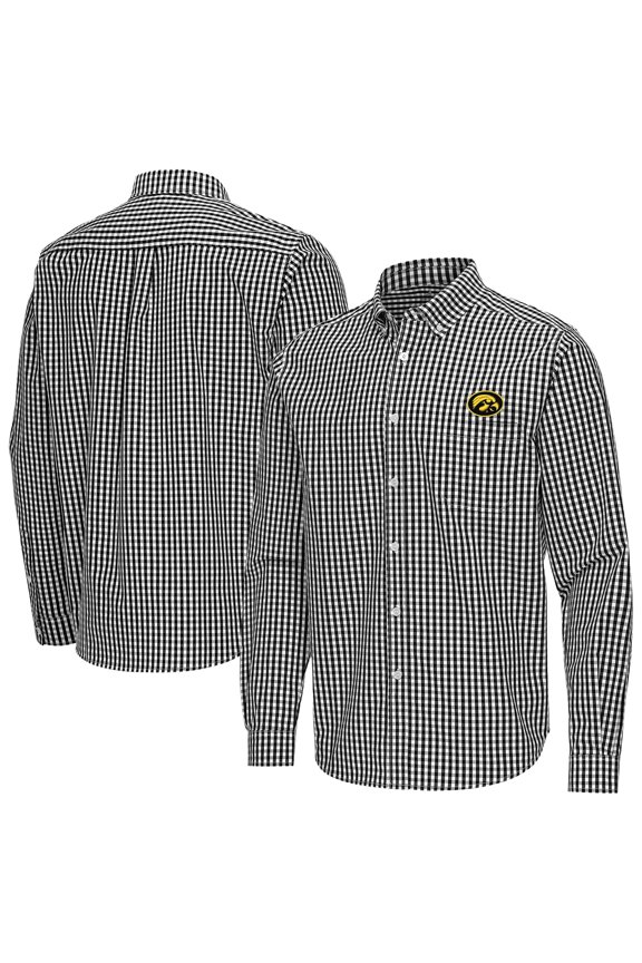 Men's Antigua Black Iowa Hawkeyes Ellis Woven Tri-Blend Long Sleeve Button-Down Shirt